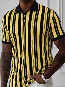 Manfinity CasualCool 男士休閒商務條紋設計 Polo 衫，適合日常通勤與多用途休閒穿搭 - 黃色 - 查看 4