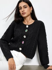Maija Knitted Cardigan With Diamond Buttons, Autumn/Winter - Black - View 2