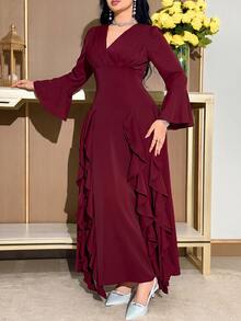 Feyla Plus Size Fashion Pleated Ruffle Trim Evening Dress - Burgundy - View 6