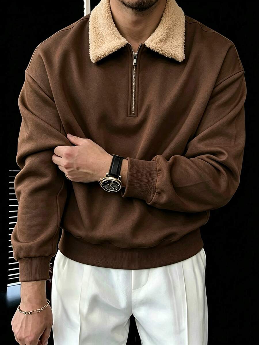 Manfinity CasualCool 男士抓絨領半拉鍊運動衫，寬鬆版型翻領套頭運動衫，適合秋冬穿著 - 咖啡棕 - 查看 1