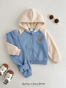 Cozy Pixies Baby Boy Cartoon Bear Pattern Color Block Long Sleeve Winter Autumn Jacket Elastic Waist Long Pants 2pcs Set Thermal Lined Thick Suitable For Winter - Dusty Blue - View 1