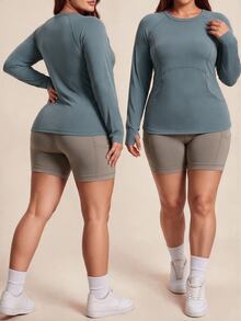 Gameset SHEIN Sport Kaos Olahraga Lengan Panjang Raglan Warna Polos Ukuran Plus Wanita, Warna Biru Tua Adil, Alternatif Musim Gugur, Kawaii Musim Gugur - Hitam dan Putih - View 3