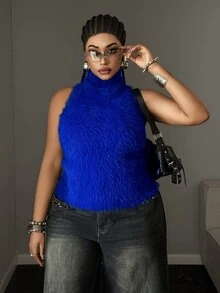 Maweii Plus Size Women's Mink Fur Texture Ultra Short Fashion Sweater Vest - Blue - View 2