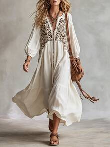 SHEIN Vintage Boho Leopard Print Spliced Long Dress For Women Autumn Winter V-Neck Puff Sleeve Loose Flowy Casual Oversized Maxi Picnic Vacation Off-White - White - View 3