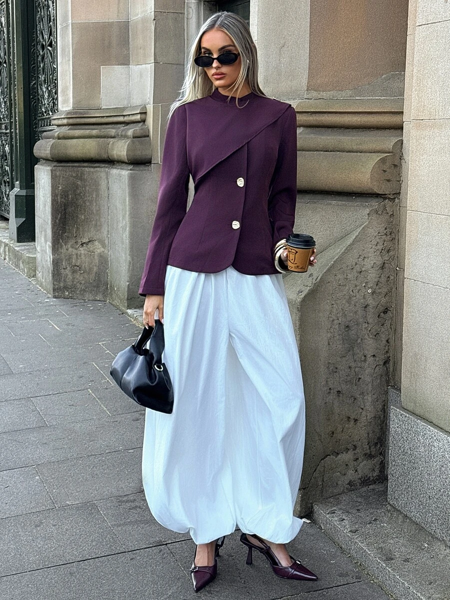 Aloruh Women's Solid Color Long Sleeve Metal Single-Breasted Fashion Blazer Fall Clothes For Women Work Outfits For Women - Purple - View 1