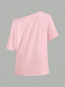Tseoso Casual Minimalist Full Print Pattern One Shoulder Dropped Shoulder Short Sleeve Loose Fit Women's T-Shirt - Pink - View 2
