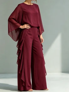 Linhara CURVE Autumn/Winter Cherry Red Luxury Elegant Evening Gown Set, Sophisticated Lady Style, Atmospheric Plus Size 2 Pieces Outfit - Burgundy - View 4