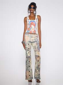 MUSERA Cream Graphic Detail Tank Top Fall Winter Festival Cool Women Outfit - Multicolor - View 3