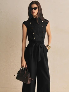 Poéselle Women's Solid Color Casual Daily Wear Jumpsuit - Black - View 1