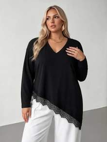 Auralis Plus Size Women's V-Neck Lace Patchwork Casual Daily T-Shirt - Black - View 6