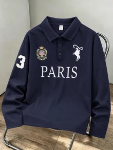 SHEIN 青少年男孩休閒字母印花翻領半開襟針織 Polo 衫套頭衫 - 藏蓝色 - 查看 3