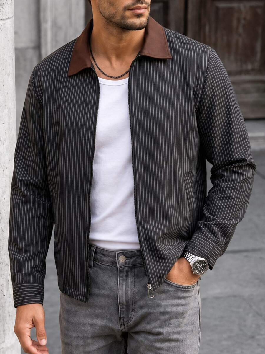 Manfinity CasualCool Men's Striped Zipper Placket Casual Shacket - Black - View 1