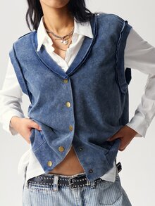 Bohemela Women's V-Neck Single-Breasted Casual Daily Vest Jacket - Blue - View 1