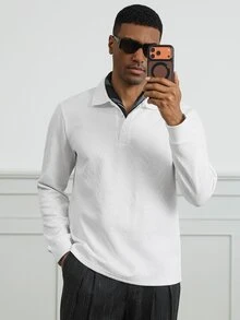 HUEFORM 2026春夏男士白色3D紋理提花長袖 Polo 衫，休閒簡約商務風 - 白色 - 查看 6