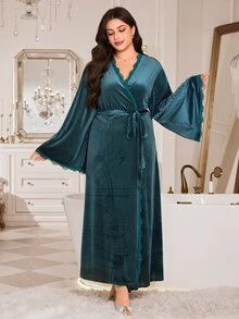 MuseNap CURVE Dark Green Ribbed Velvet Lace V-Neck Tie Long Plus Size Women's Loungewear Bathrobe Morning Robe - Dark Green - View 6