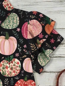 Mellowie Plus Size Women's Pumpkin Plant Pattern Ruffle Short Sleeve Single-Breasted Shirt - Black - View 4