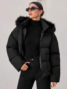 SHEIN Women Fake Fur Hooded Winter Coat - Black - View 4