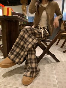DAZY Women's Plaid Loose Casual Korean Style Long Pants - Coffee Brown - View 3