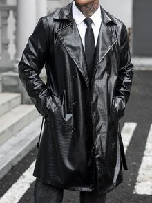 Manfinity CasualCool 男士鈕扣前襟長袖口袋極簡休閒風衣，戶外PU風衣，適合送給朋友或丈夫的禮物 - 黑色 - 查看 5