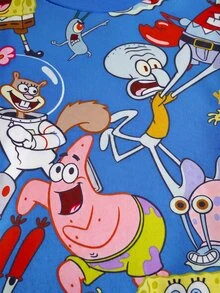 SpongeBob SquarePants | SHEIN 小男孩卡通印花短袖上衣與短褲居家服套裝 - 藍色 - 查看 4