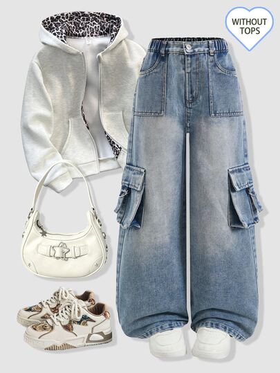 SHEIN Girls' Back To School Cargo Wide Leg Jeans, Light Blue Vintage Washed Multi-Pocket Loose Straight Leg Denim Pants, Casual Retro Versatile Campus Class Outing Jeans