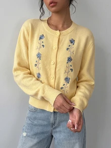 SHEIN Round Neck Short Embroidered Autumn/Winter Knit Cardigan Everyday Date Blue Floral Cottagecore Cute - Yellow - View 6