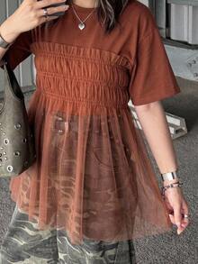 Dazy Plus Solid Color Contrast Mesh Doll Blouse Cute Pullover Short Sleeve Spring Summer Autumn T-Shirt - Brown - View 3