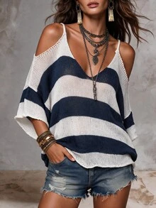 Solivie Women's Striped Cold Shoulder Loose Casual Versatile Sweater - Navy Blue - View 7