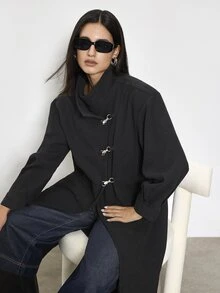 Maija Women's Solid Color Airplane Buckle Placket Long Sleeve Loose Regular Fit Jacket - Black - View 4
