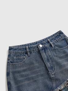 ROMWE Grunge Punk Autumn/Winter Vintage Plaid Patchwork Asymmetrical Hem Washed Denim Skirt - Multicolor - View 3