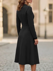 EMERY ROSE Women's Solid Color Casual Elegant Minimalist Party Office Semi Formal Mid-Length Dress Black Autumn - Black - View 2