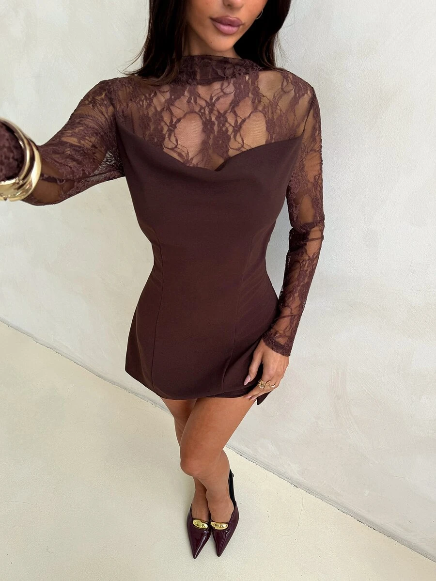 Aloruh Coffee Brown Party Cocktail Dress With Stand Collar, Lace Long Sleeve Patchwork, Mini A-Line Skirt For Women - Coffee Brown - View 1