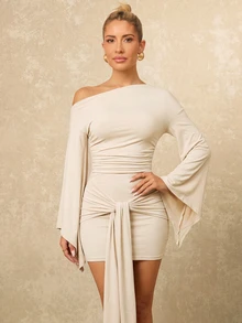 Lumalex Off-White Elegant Corset-Style Asymmetrical Shoulder Mini Dress,Body-Contouring Draped Bodice For Summer Date,Vacation,Party & Weddings - Apricot - View 7