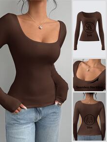 SHEIN BASICS 女款休閒針織修身長袖圓領基本款T恤冬季女裝 - 棕色 - 查看 2