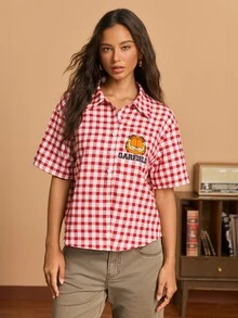 GARFIELD | SHEIN Women's Plaid Letter Cartoon Print Casual Daily Shirt - Red and White - View 5