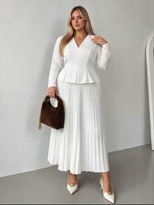 Auralis Plus Size Elegant V-Neck Long Sleeve Blouse And Pleated Midi Skirt 2 Pieces Set - Apricot - View 7