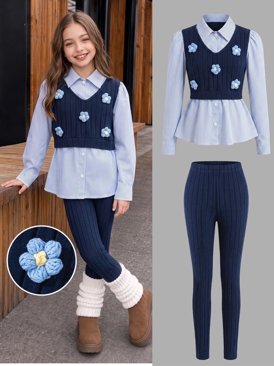 SHEIN Tween Girls Navy Blue 2 In 1 Striped Shirt With Navy Blue Leggings Set, 3D Floral Decoration, Preppy Style Two Pieces Outfit, Autumn - Multicolor - View 1