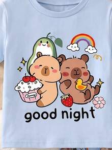 Sweet Dream 系列女童可愛水豚圖案長袖長褲睡衣套裝，舒適休閒居家服，適合秋冬穿著，女童秋季服飾，女童修身睡衣套裝，女童加厚衣物 - 彩色 - 查看 3
