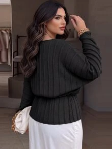 Juhart Áo len chui đầu 2 trong 1 size lớn màu yến mạch, trễ vai, có dây rút, dệt kim gân sọc dọc, hơi xuyên thấu, dáng rộng thoải mái, phù hợp đi làm và hẹn hò - màu đen - Xem 4