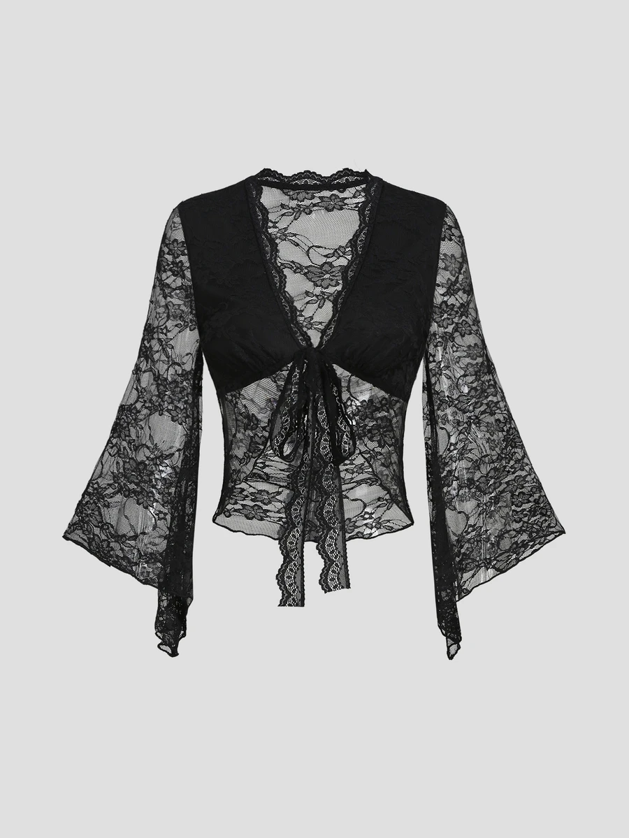 Sweetra Top femme en mousseline noire avec patchwork de dentelle et ...