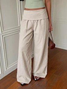 SHEIN EZwear 女款純色休閒百搭日常穿著長褲 - 杏色 - 查看 4