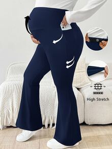 Plussiva Plus Size Maternity Solid Color Adjustable Waist Pocket Flare Pants - Royal Blue - View 1