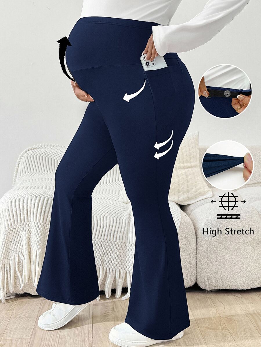 Plussiva Plus Size Maternity Solid Color Adjustable Waist Pocket Flare Pants - Royal Blue - View 1