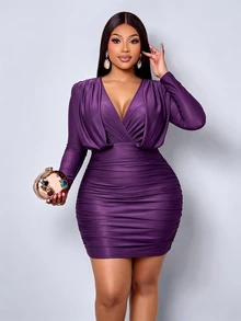 SOLERSUN Plus Size Women's Deep V-Neck Folded Shoulder Long Sleeve Ruched Waist Bodycon Mini Dress, Purple Elastic Slim Fit Halloween Party Dress Fall - Purple - View 2