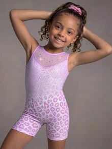 女童運動服 無袖舞蹈健身操 7歲生日體操連身衣短褲 透網水鑽 紫色箔面表演服 秋季 - 紫色 - 查看 4