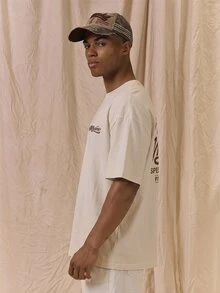 Musero Oversized Back Graphic "FULL THROTTLE SOCIETY"Crew Neck Tshirt Spring Summer Essentials - Beige - View 3