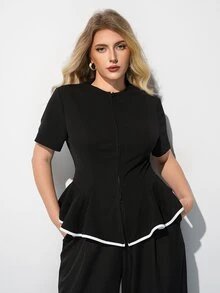 Maija Plus Size Women's Zipper Front Short Sleeve Ruffle Hem Top - Black and White - View 6