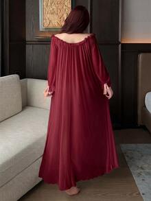 Dazy Plus Sexy White Sheer Mesh Ruffle Ruffle Long Nightgown Plus Size Women Spring Summer Loungewear - Burgundy - View 3
