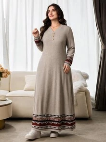 Al Najma Plus Size Women's Patchwork Geometric Print Long Sleeve Button Design Casual Arabian Dress - Light Grey - View 5
