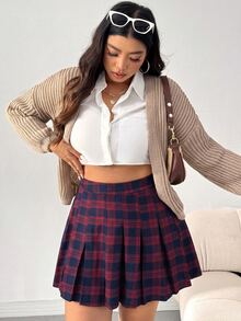 SHEIN EZwear Plus Size Vintage Casual Elegant Academy Plaid Pleated Skirt Teacher Vacation Formal Navy Blue Autumn - Red - View 4